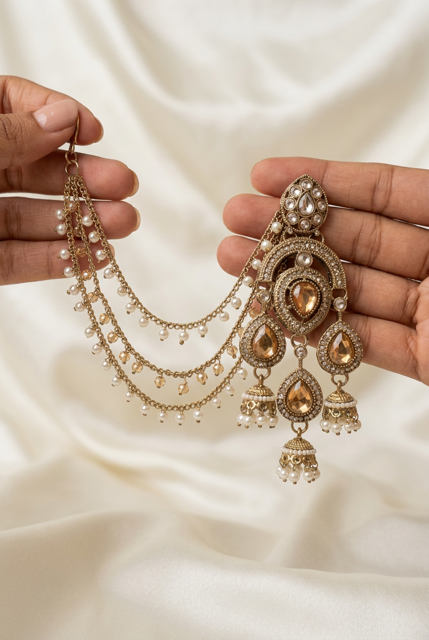 Amber-Toned Teardrop Earrings with Pearl Earchains