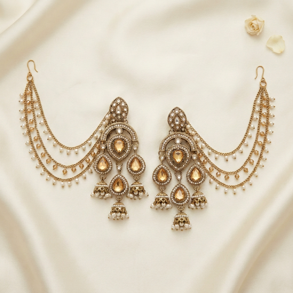 Amber-Toned Teardrop Earrings with Pearl Earchains