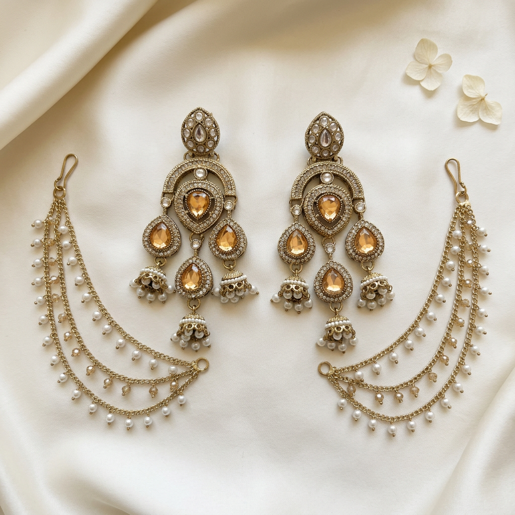 Amber-Toned Teardrop Earrings with Pearl Earchains
