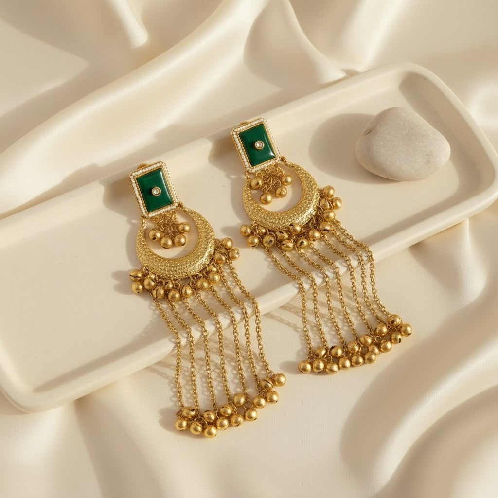 Green Meenakari Crescent Chandbali Earrings