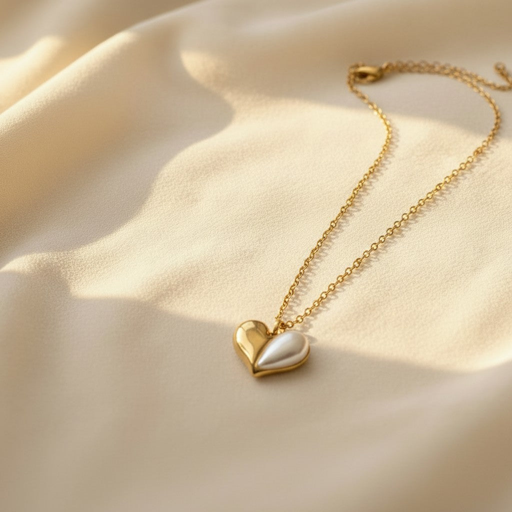 Pearl Accent Puffy Heart Pendant Necklace