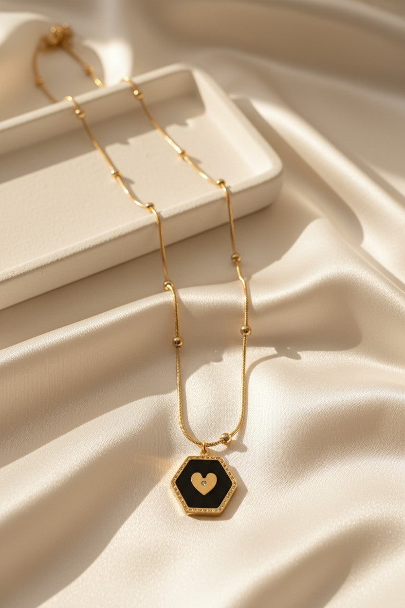 Golden Heart Hexagon Pendant Necklace