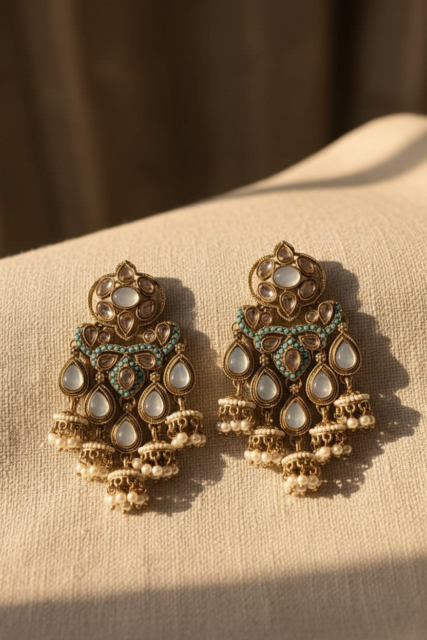 Turquoise Polki Meenakari Chandelier Jhumka Earrings