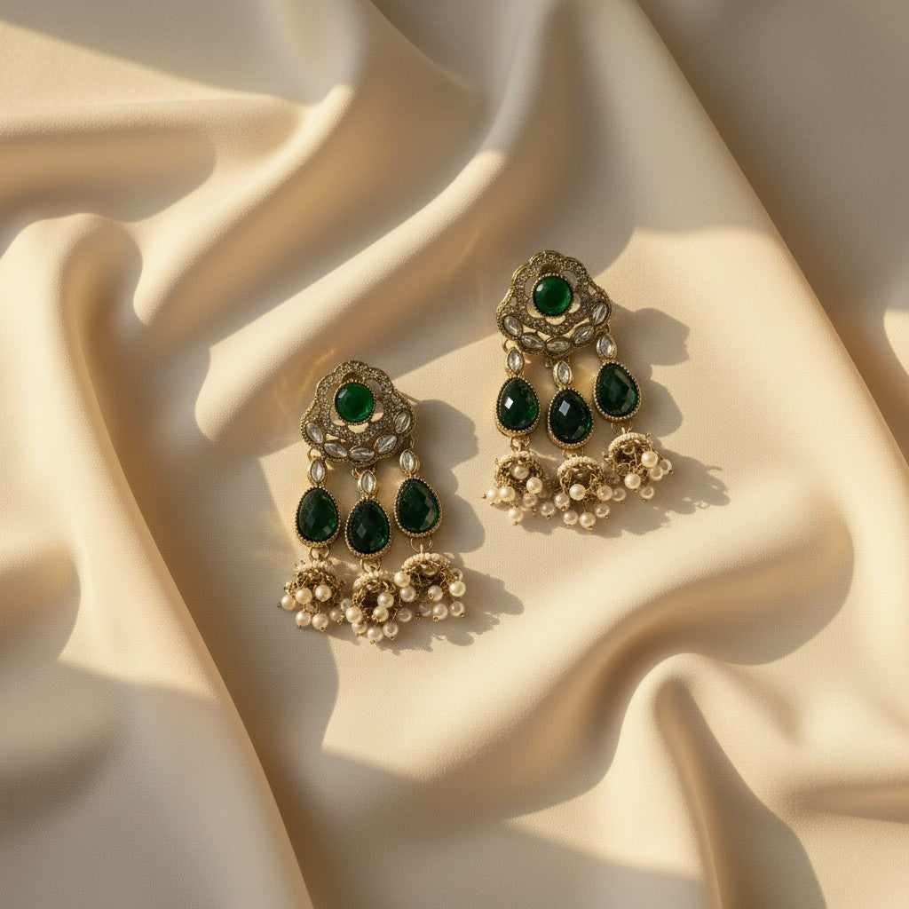 Emerald Teardrop Pearl Jhumka Earrings