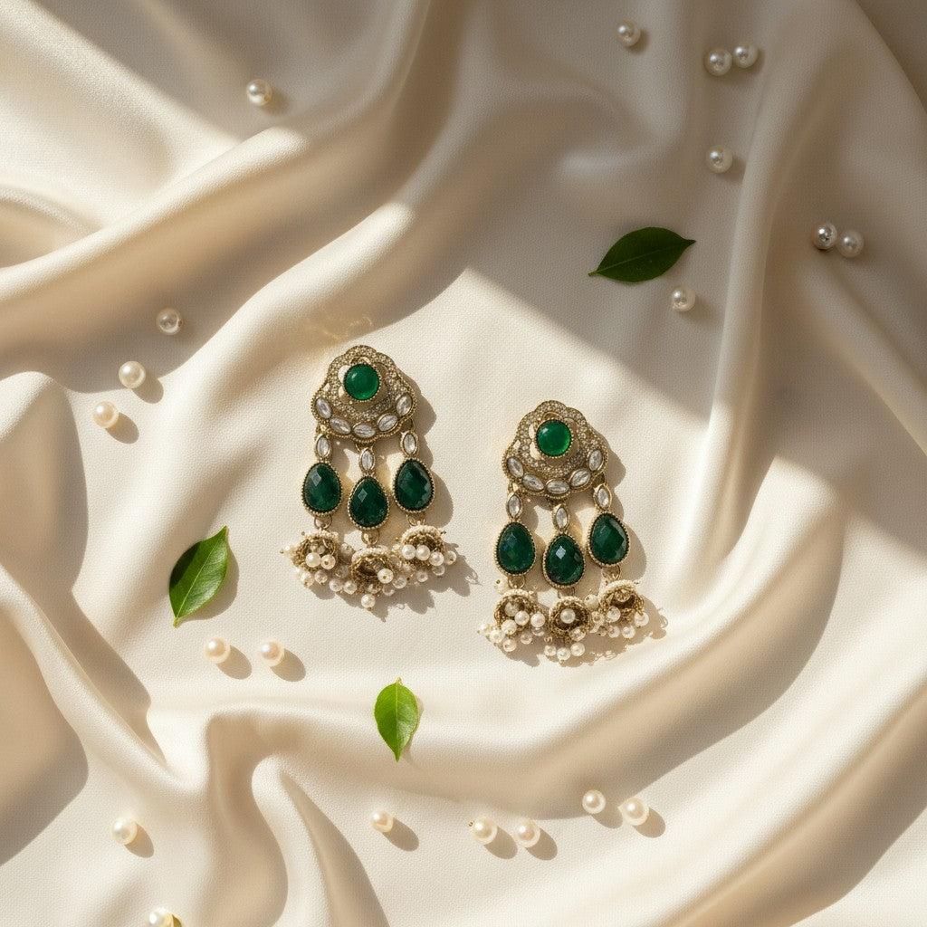 Emerald Teardrop Pearl Jhumka Earrings