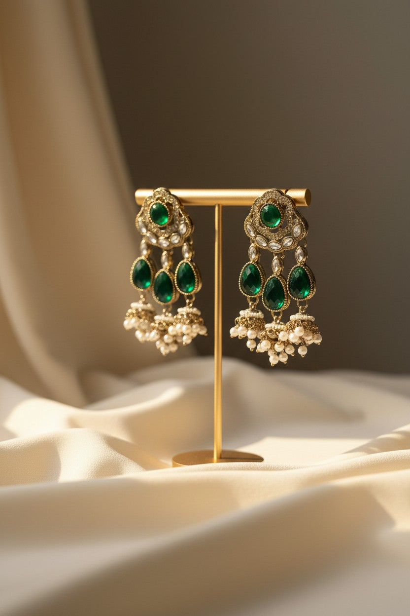 Emerald Teardrop Pearl Jhumka Earrings