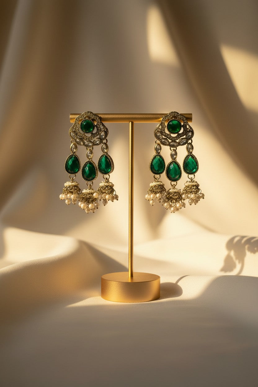 Emerald Teardrop Pearl Jhumka Earrings