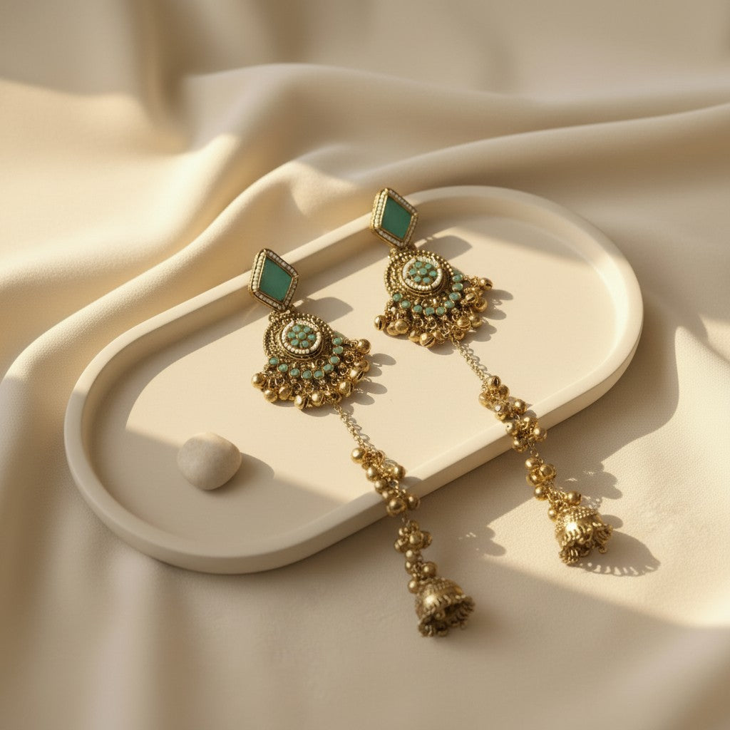Mint Green Kundan Chandbali Long Drop Earrings