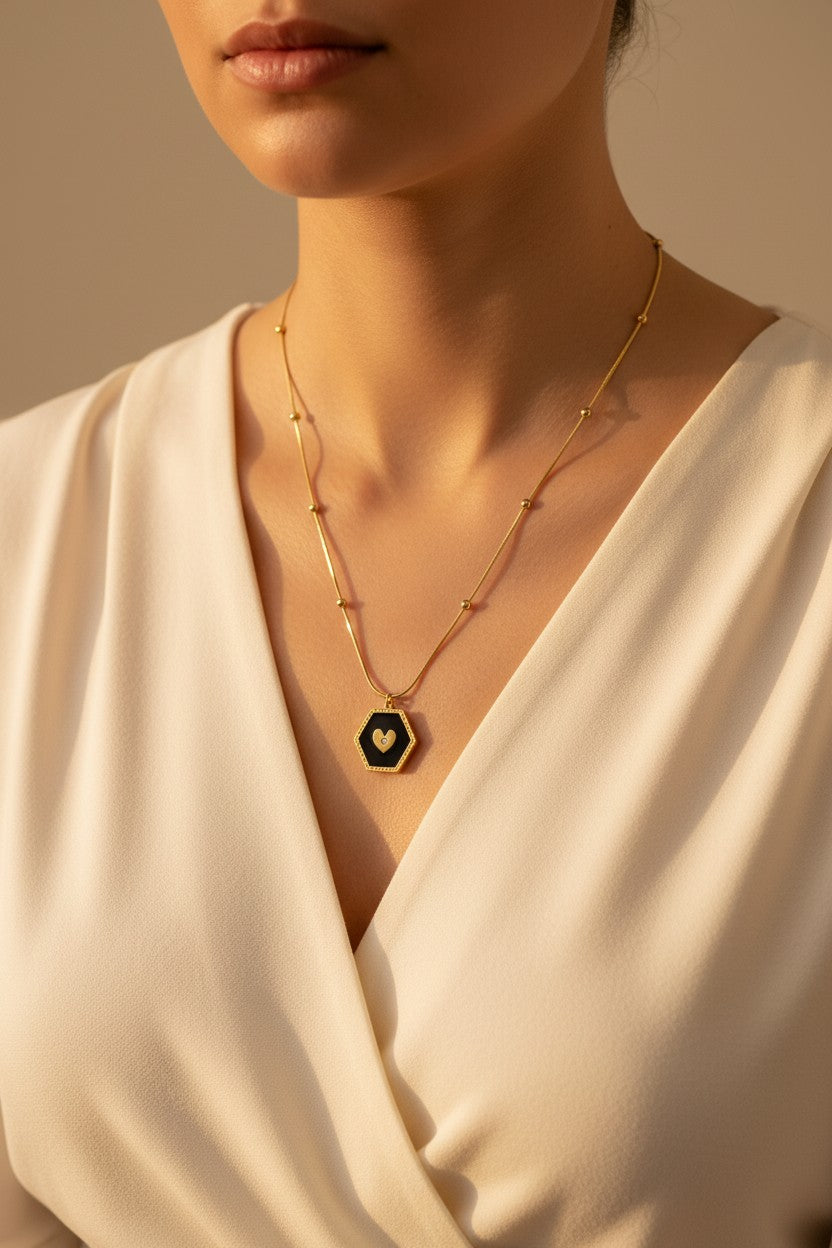 Golden Heart Hexagon Pendant Necklace