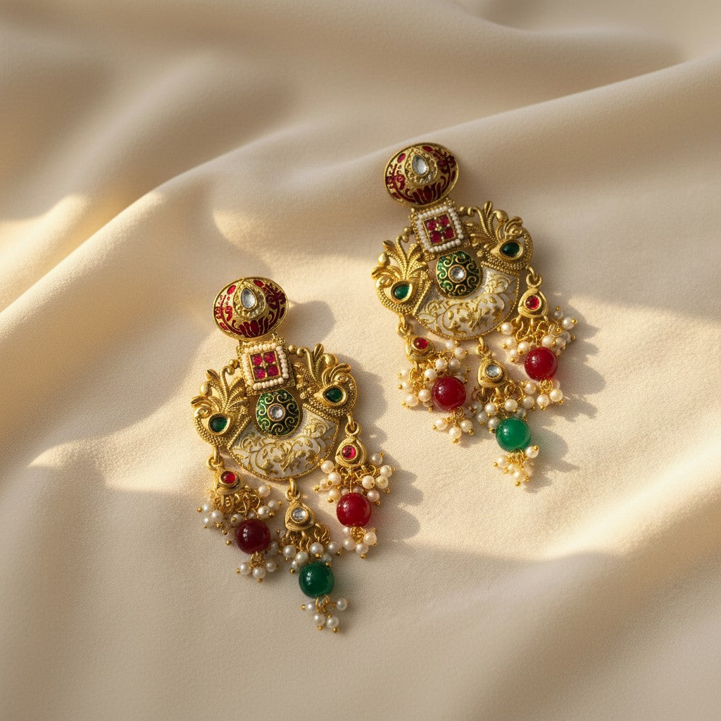 Ruby & Emerald Meenakari Chandbali Earrings