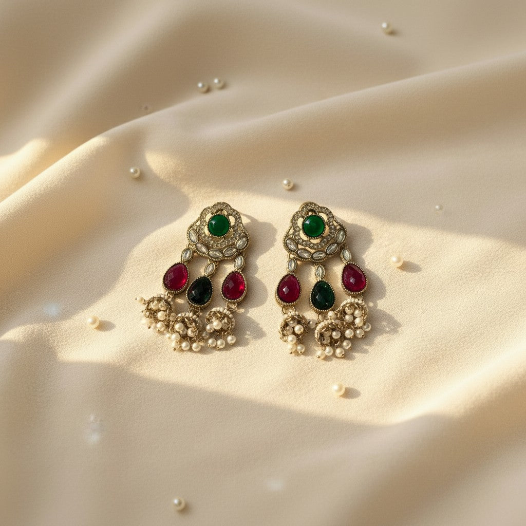 Emerald Ruby Kundan Jhumka Drop Earrings