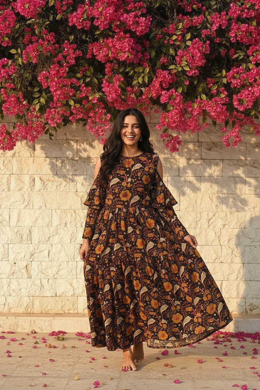 Bagru Hand Block Amber Bloom Maxi Dress