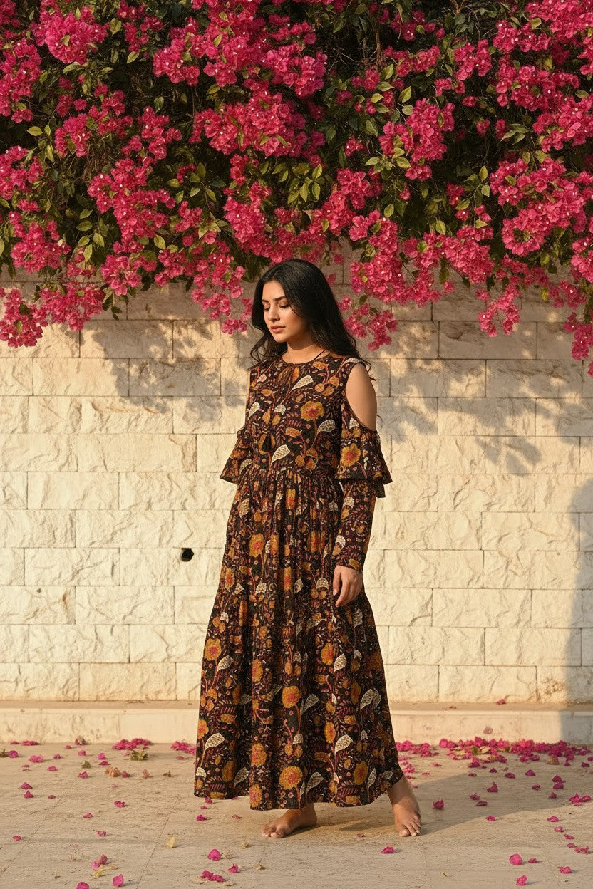 Bagru Hand Block Amber Bloom Maxi Dress