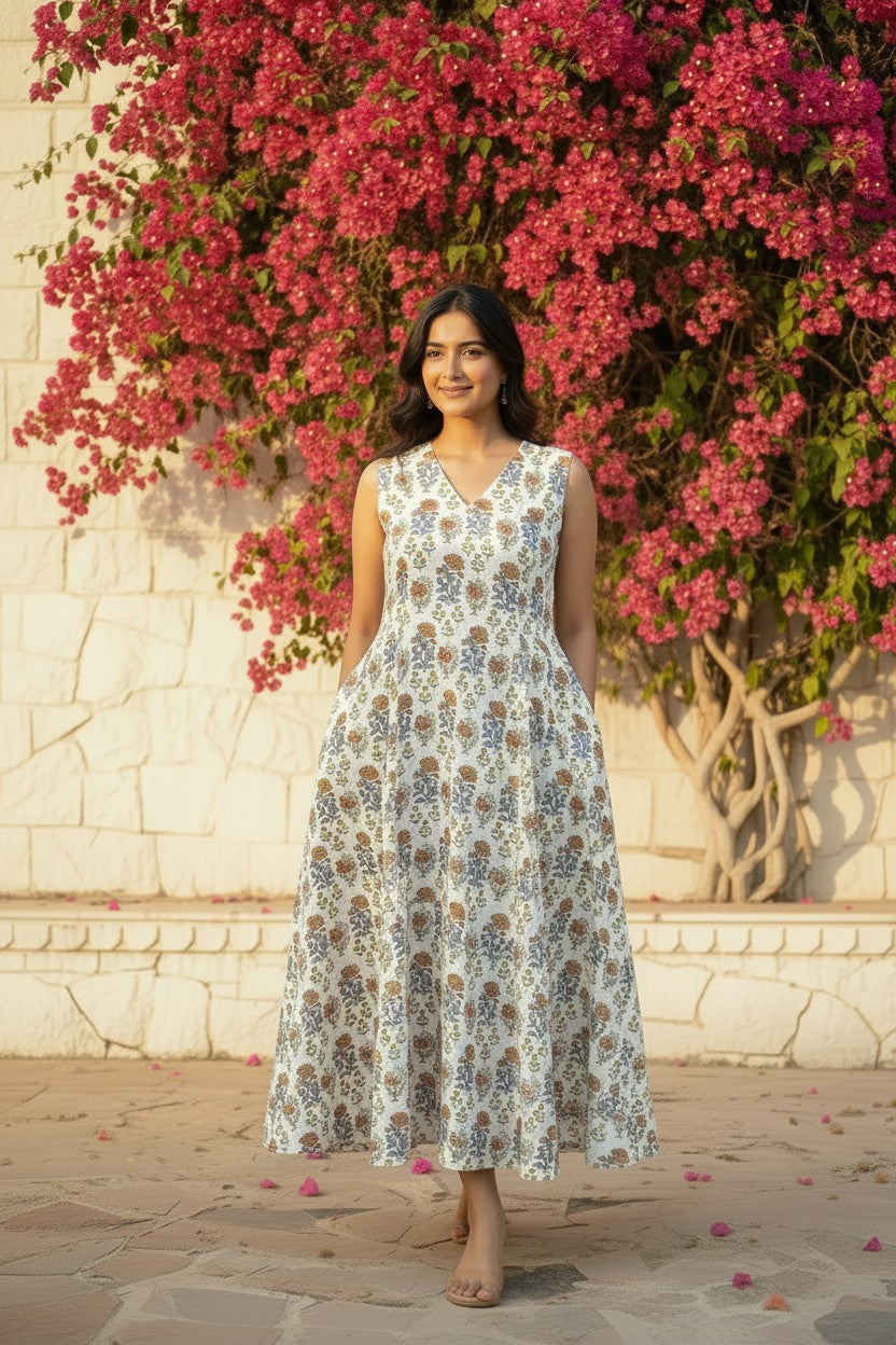 Ivory Marigold Block Print Maxi Dress