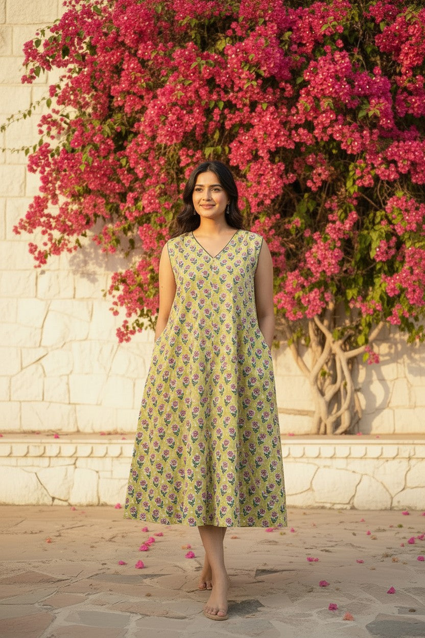 Sage Garden Block-Print Midi Dress