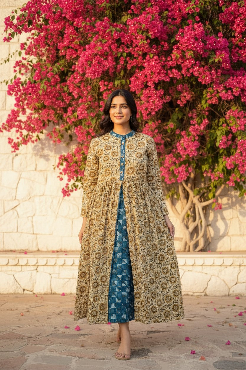 Bagru Block Print Double-Layer Maxi Dress