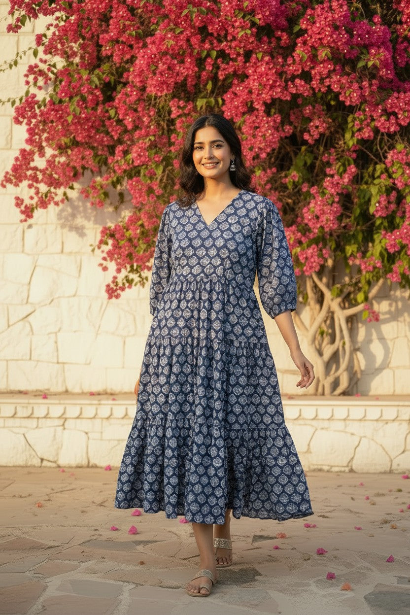 Indigo Bloom Hand Block-Print Tiered Maxi Dress