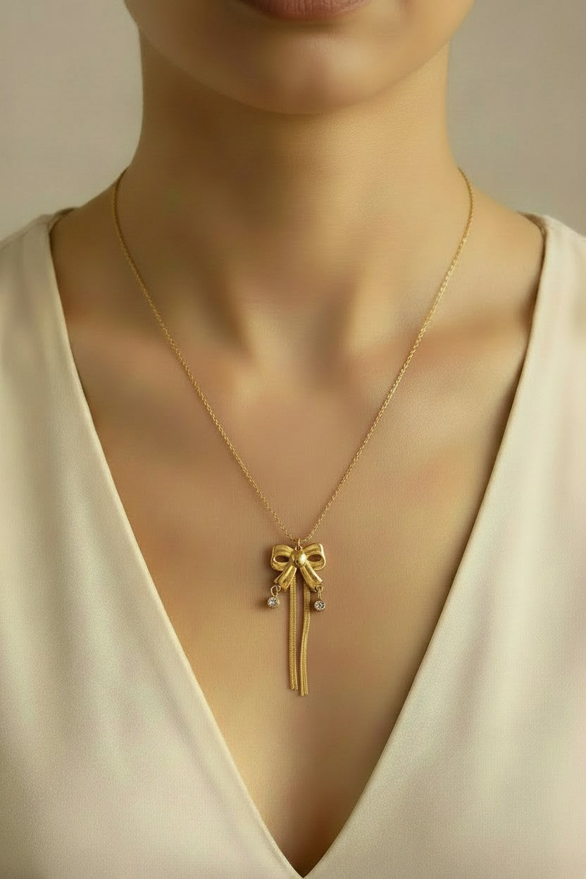 Golden Bow Tassel Pendant Necklace