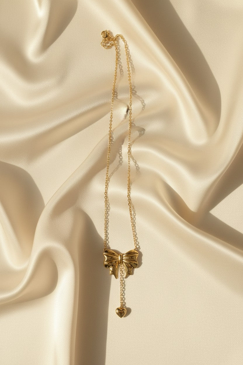 Gold Bow Heart Drop Pendant