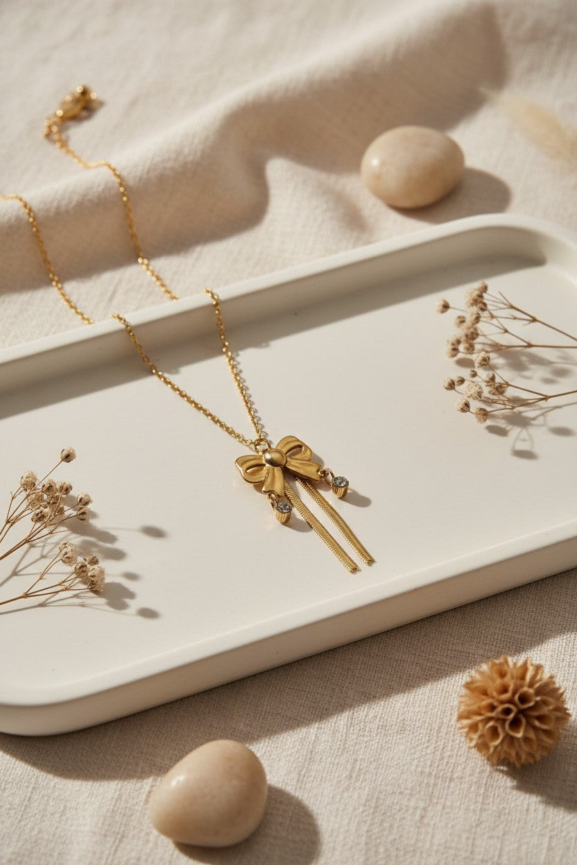 Golden Bow Tassel Pendant Necklace
