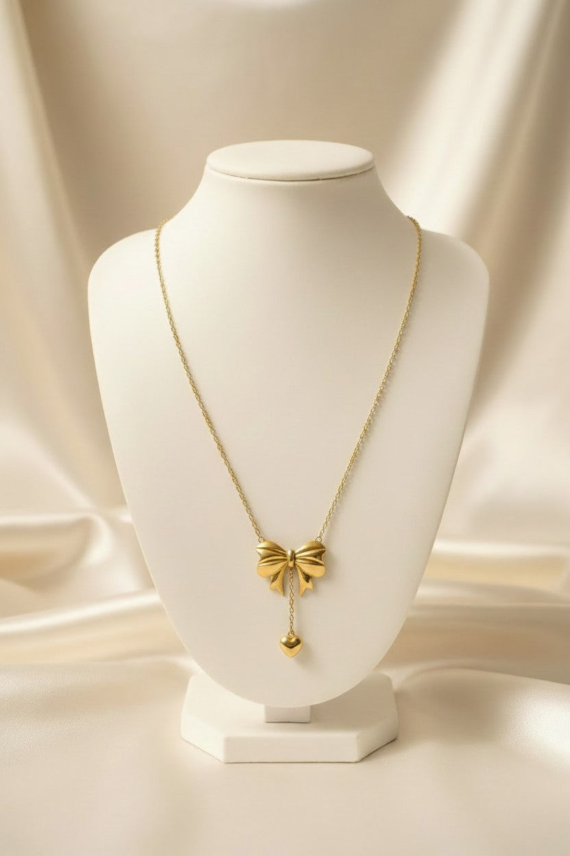 Gold Bow Heart Drop Pendant