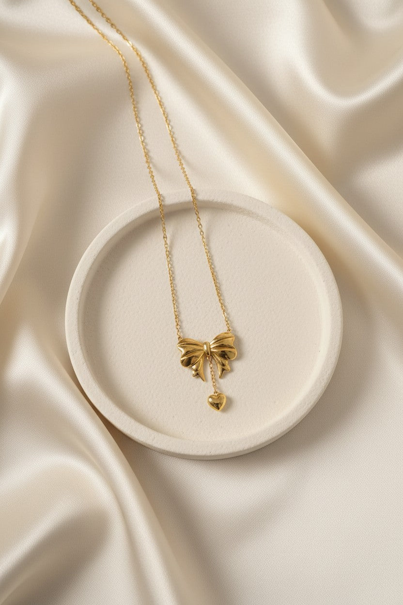 Gold Bow Heart Drop Pendant