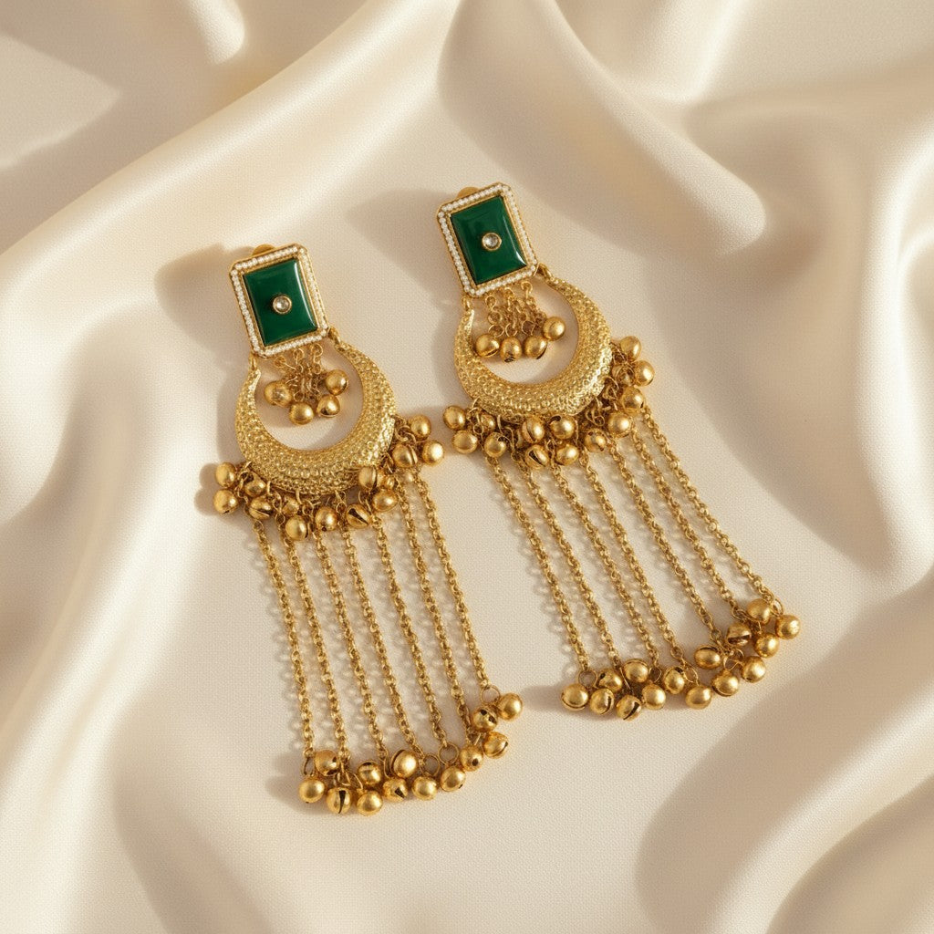 Green Meenakari Crescent Chandbali Earrings