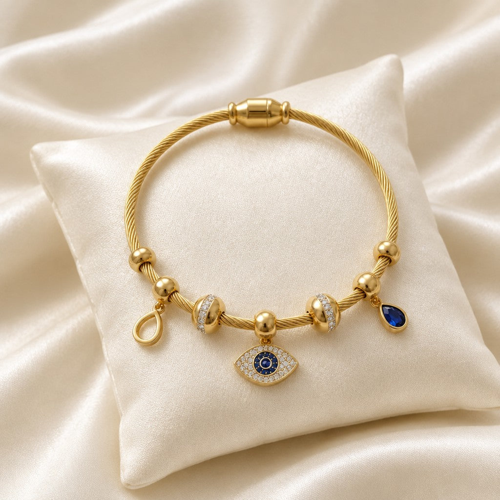 Evil Eye Charm Gold Bangle Bracelet