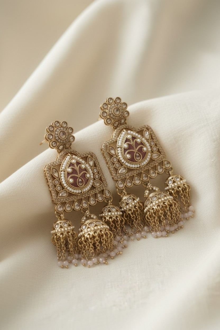 Pink Lotus Gold Chandelier Earrings