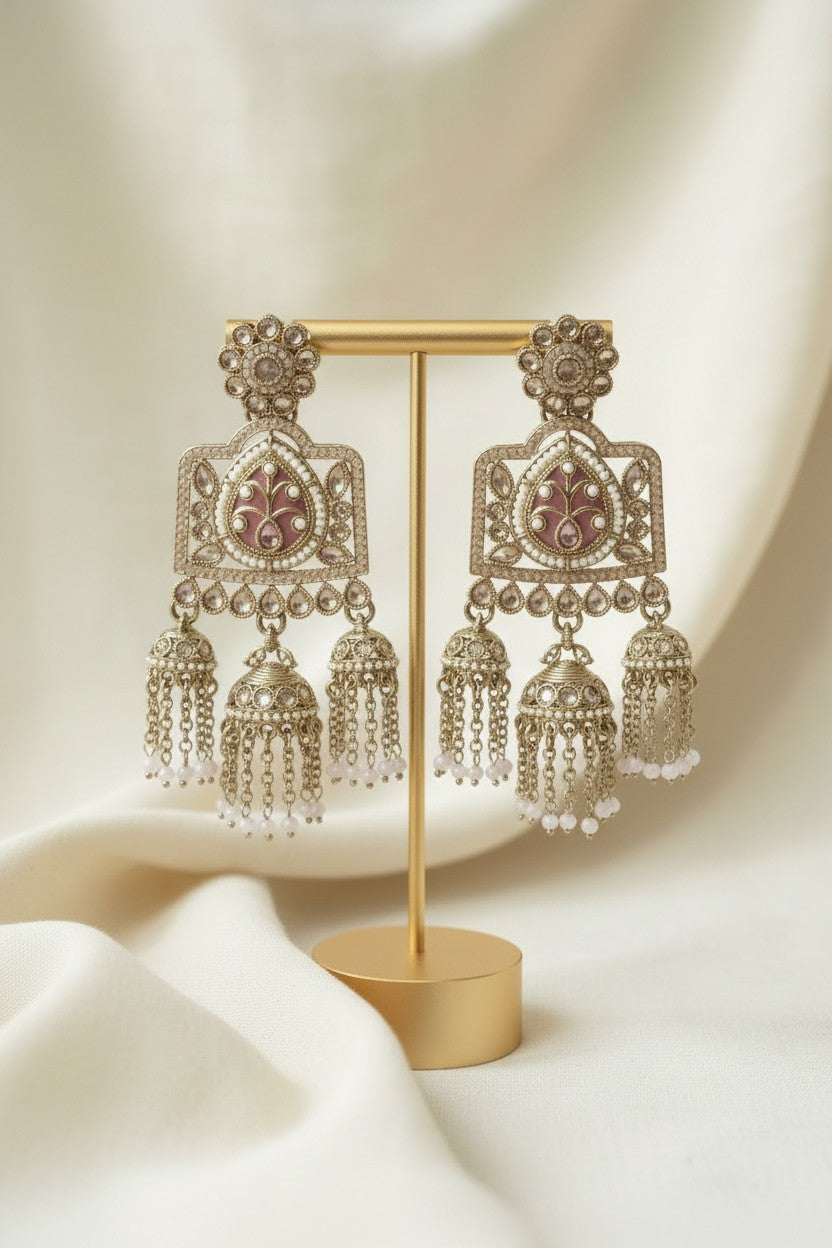 Pink Lotus Gold Chandelier Earrings