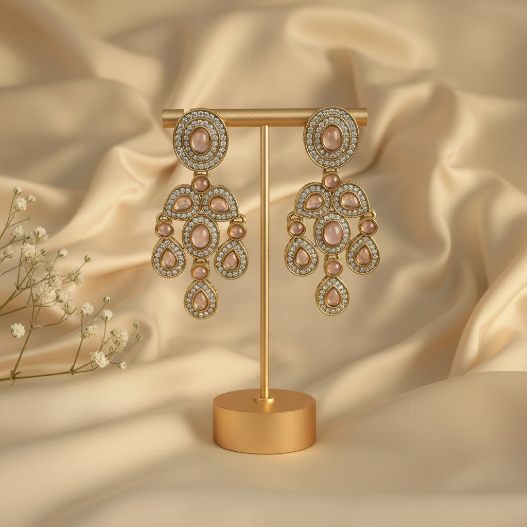 Rose Quartz Cabochon Chandelier Earrings
