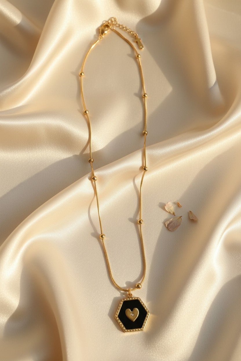 Golden Heart Hexagon Pendant Necklace