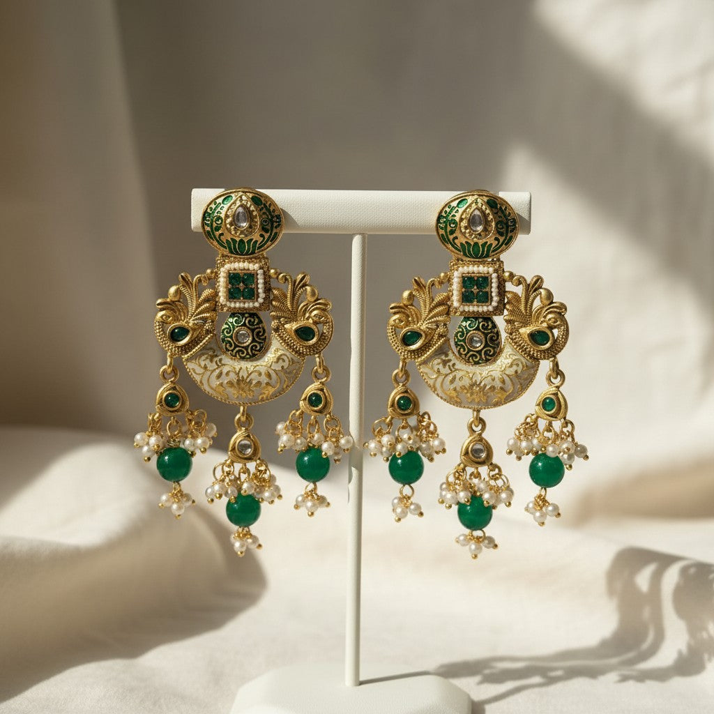 Emerald Green Meenakari Chandbali Earrings