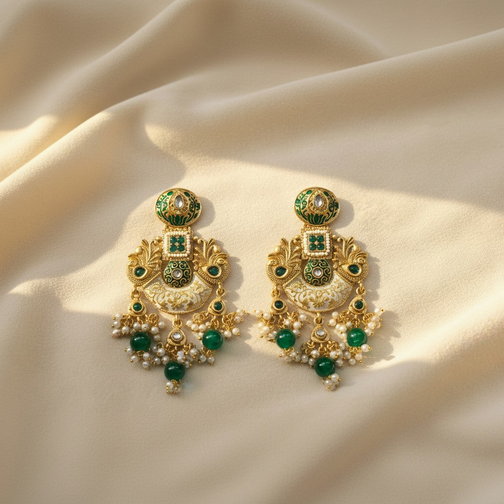 Emerald Green Meenakari Chandbali Earrings