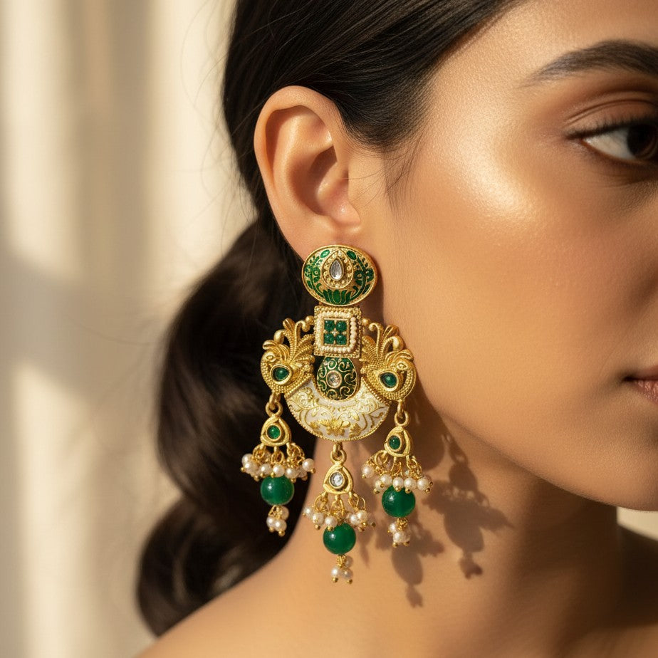 Emerald Green Meenakari Chandbali Earrings