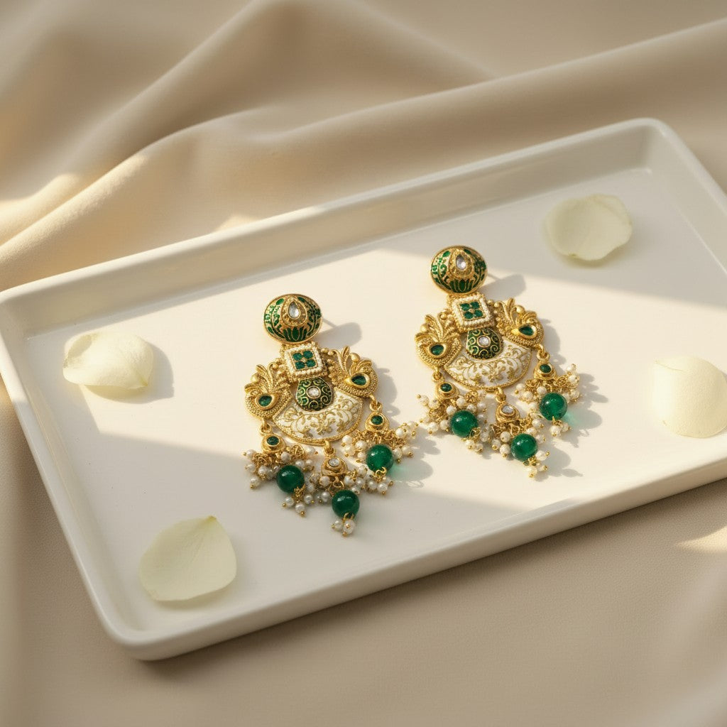 Emerald Green Meenakari Chandbali Earrings