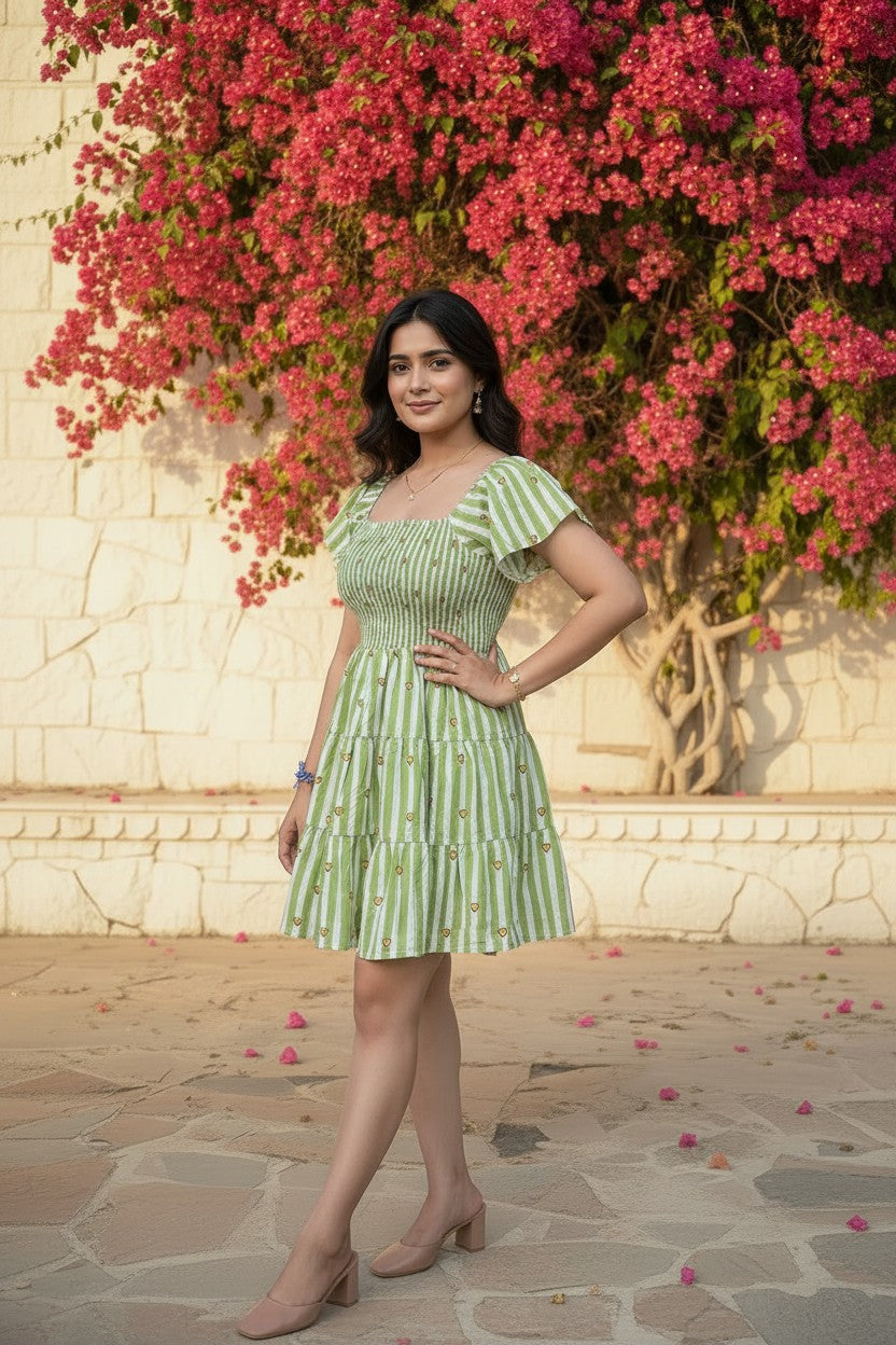 Green Stripe Heart Motif Smocked Mini Dress