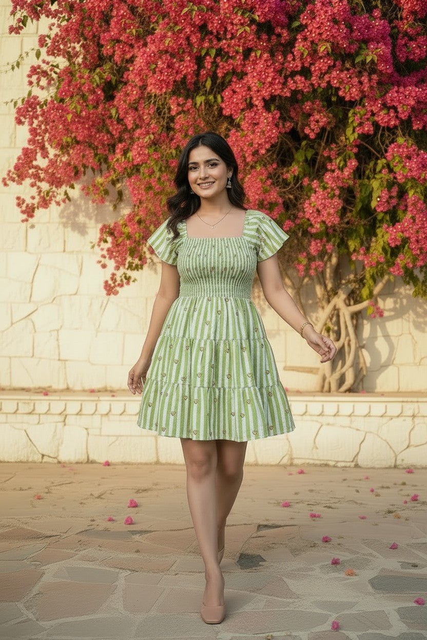 Green Stripe Heart Motif Smocked Mini Dress