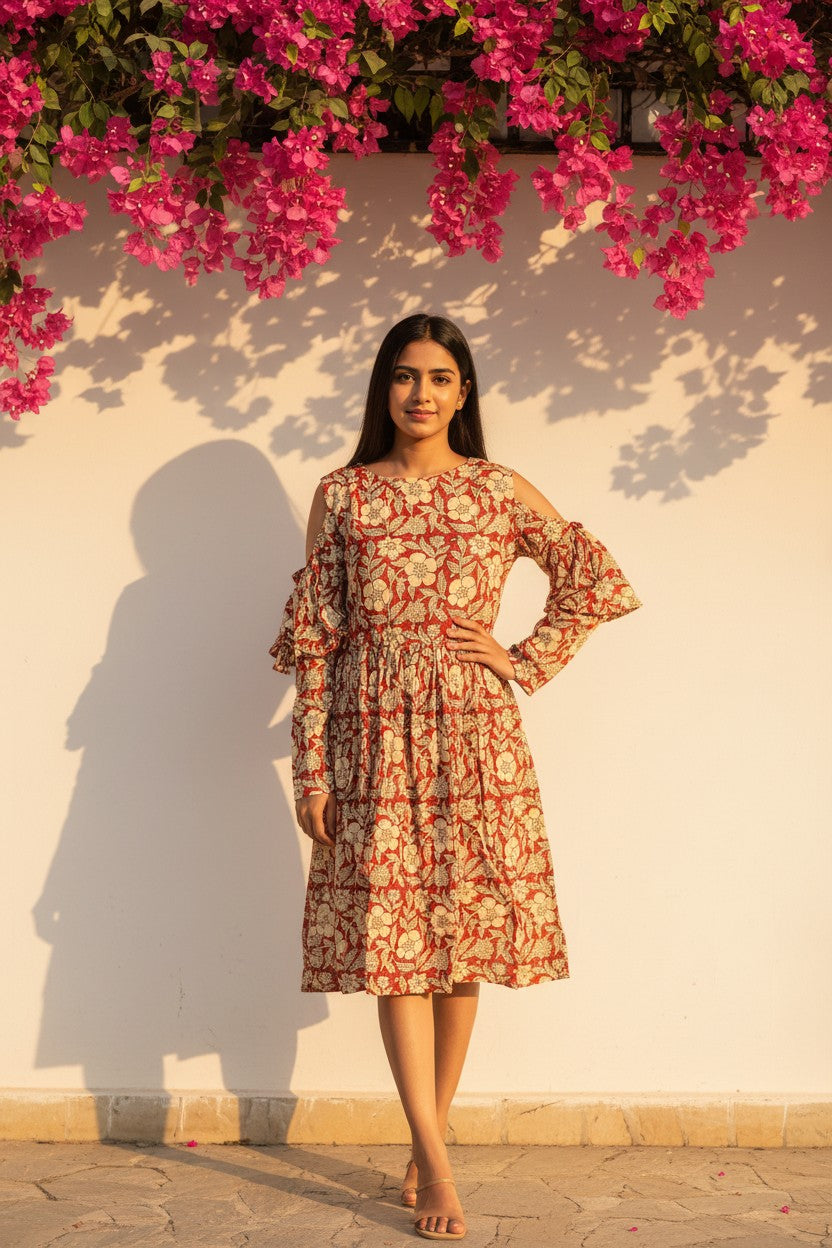 Bagru Bloom Cold-Shoulder Midi Dress