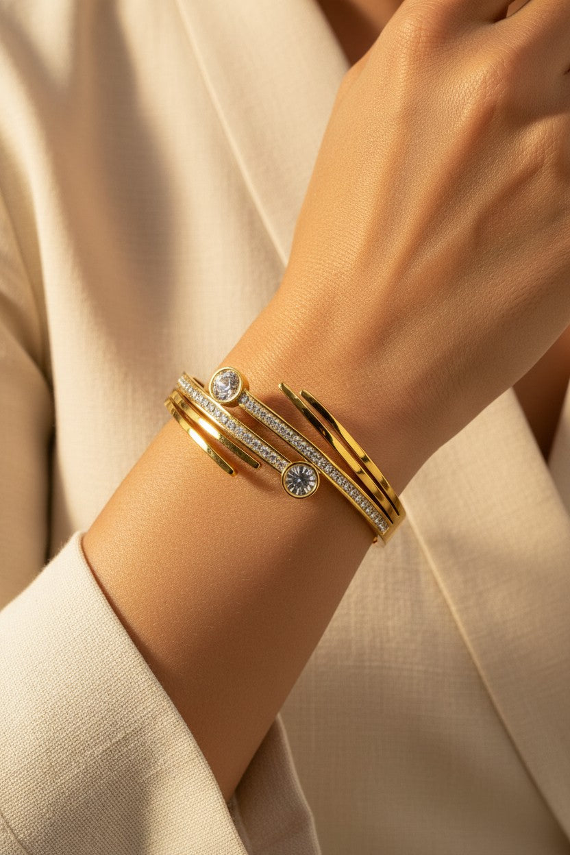 Crystal Nail Cuff Bangle — Gold