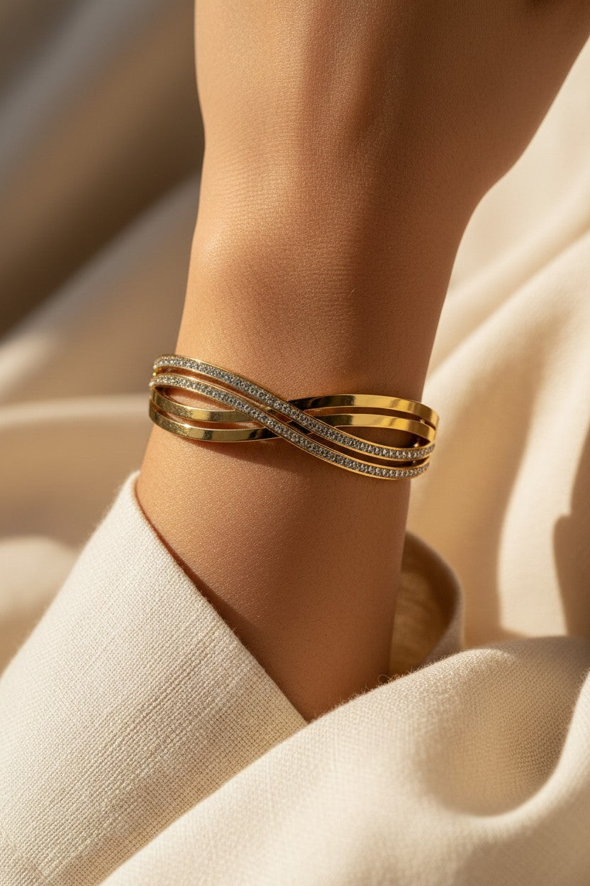 Gold Crystal Crossover Cuff Bangle