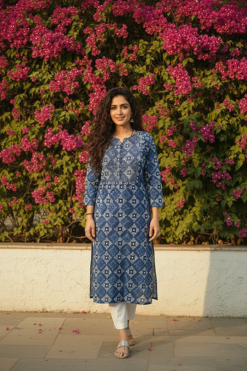 Indigo Bagru Hand Block-Printed Cotton Kurti