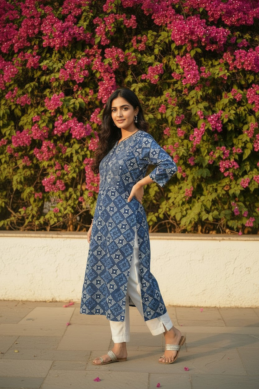 Indigo Bagru Hand Block-Printed Cotton Kurti