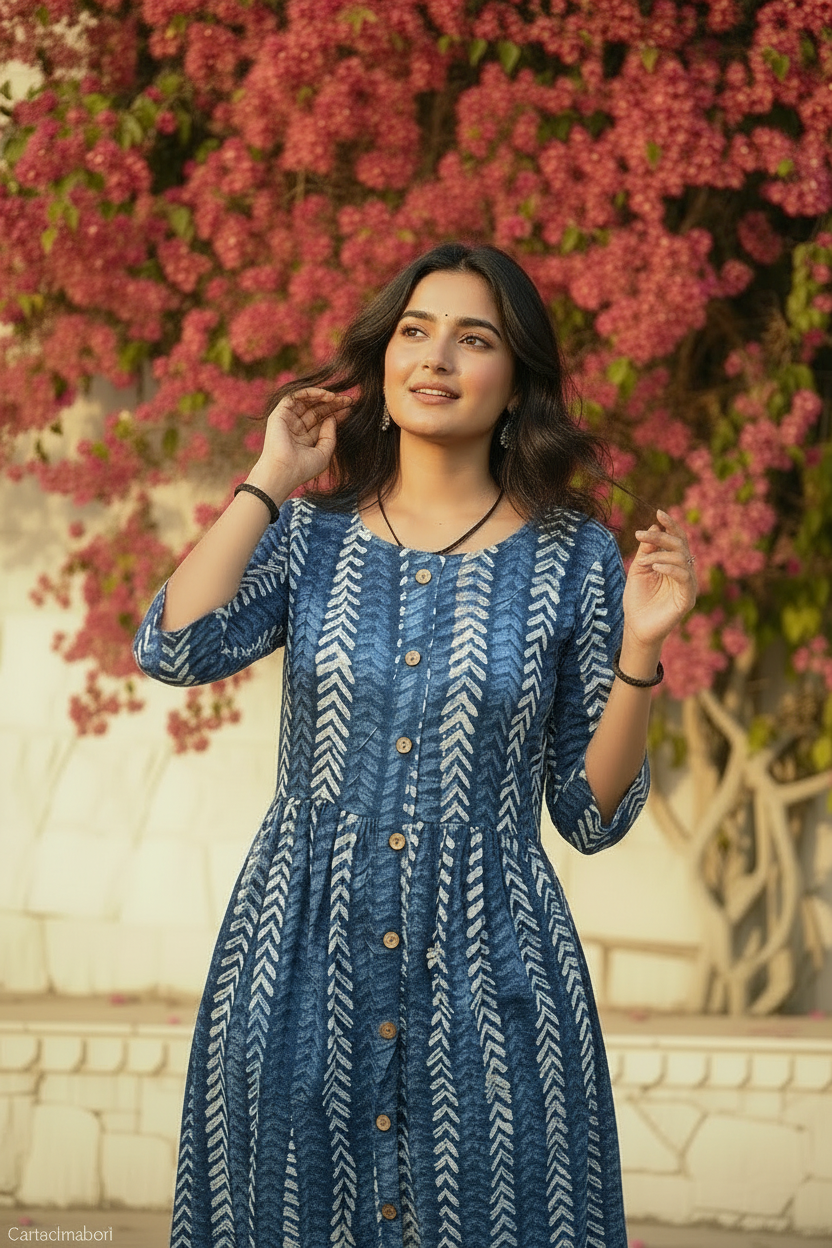 Indigo Chevron Block Print Midi Dress