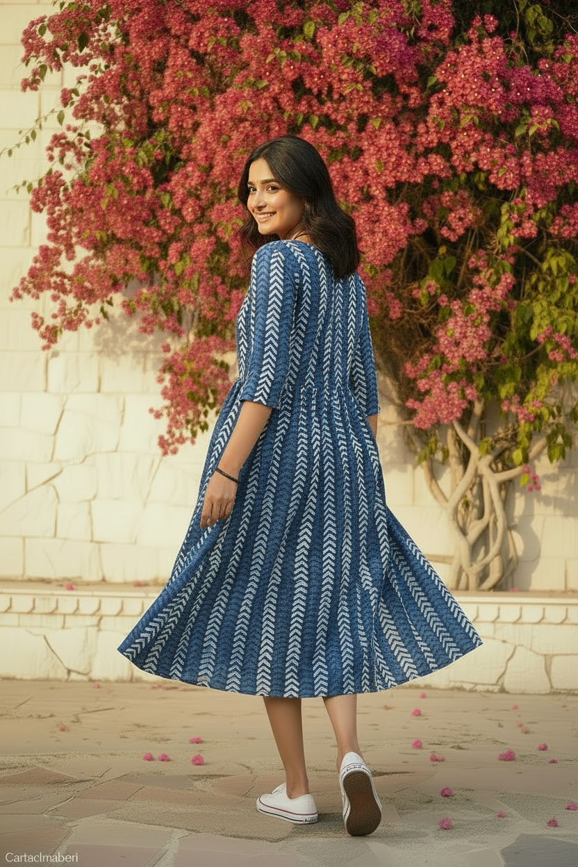 Indigo Chevron Block Print Midi Dress