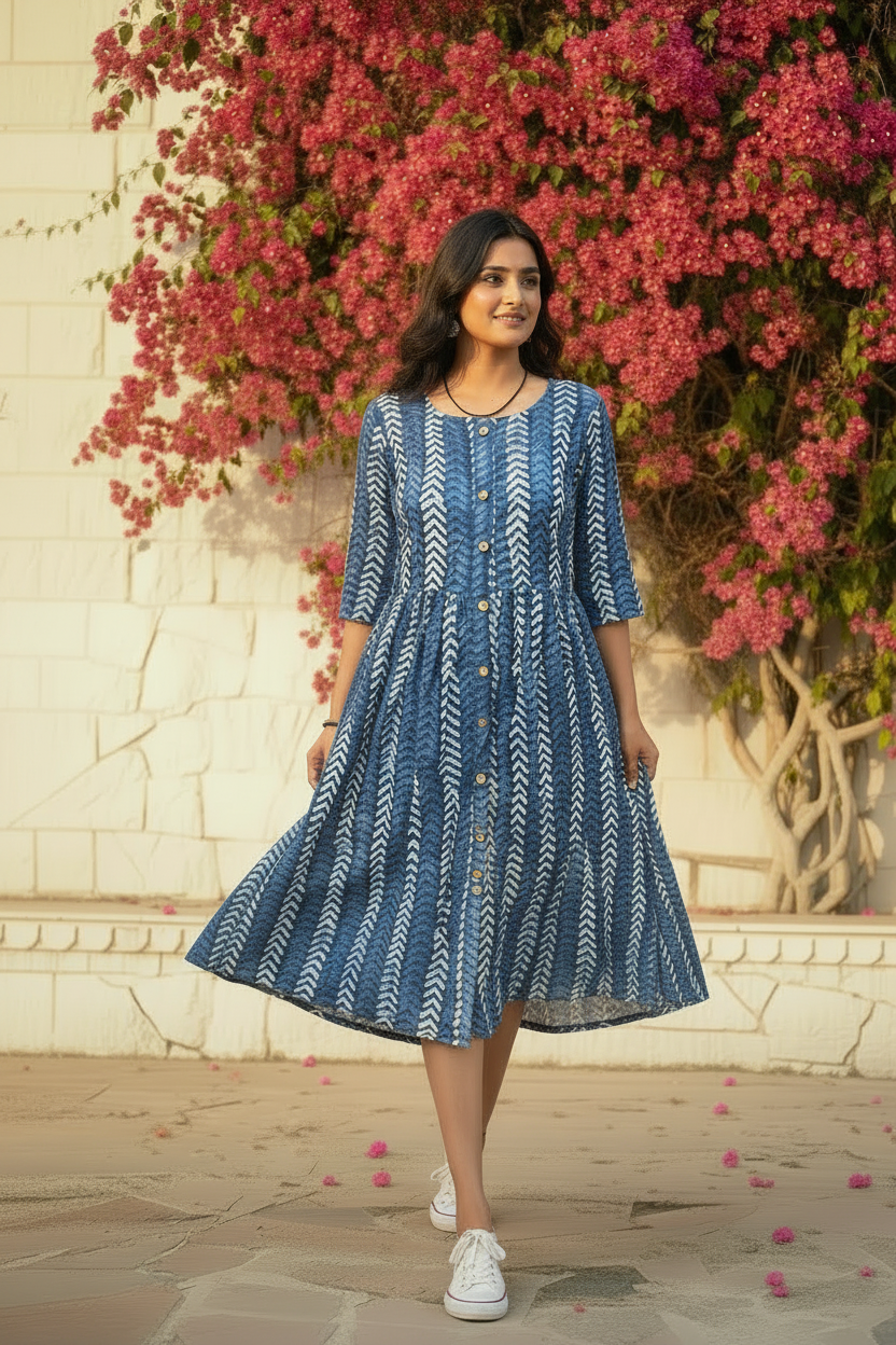 Indigo Chevron Block Print Midi Dress