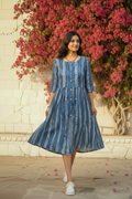 Indigo Chevron Block Print Midi Dress