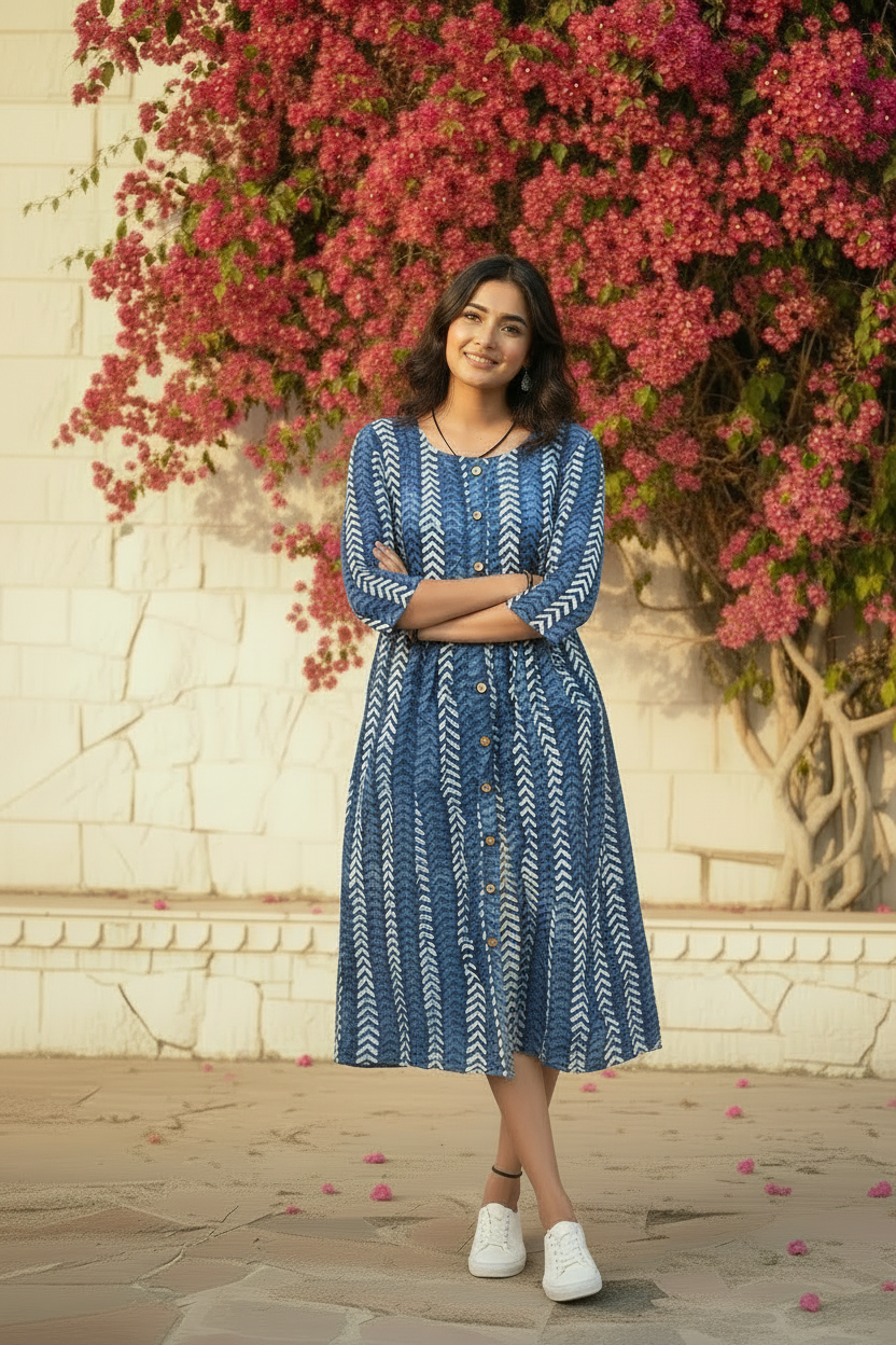 Indigo Chevron Block Print Midi Dress