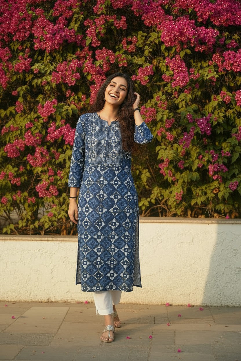 Indigo Bagru Hand Block-Printed Cotton Kurti