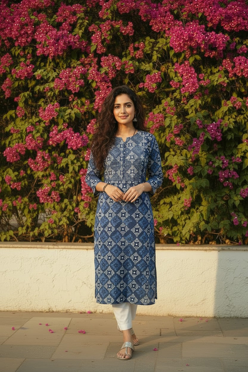 Indigo Bagru Hand Block-Printed Cotton Kurti